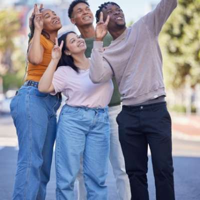 Friends, selfie with peace, urban and group photography in street, smartphone and travel with youth.